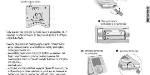 Instrukcja wymiany baterii w TYBOX 710i713: odłącz termostat, wymień baterie pamiętając o biegunowości, umieść termostat na podstawie i zamknij.