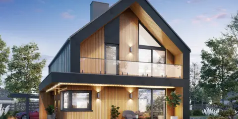 Nowoczesny projekt domu 70m2 z drewnianą elewacją i dużymi przeszkleniami. Bocian na niebie zapowiada szczęście w nowym domu.