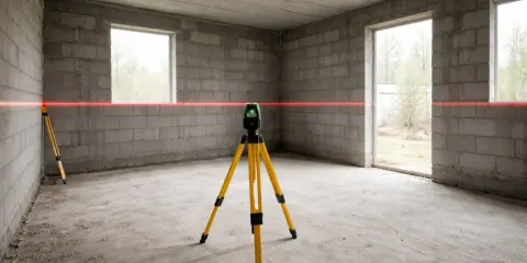 Laser krzyżowy na statywie wyznacza poziom zero ile nad gruntem. Czerwona linia biegnie wzdłuż ścian z pustaków.