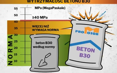 Wykres wytrzymałości betonu B30. Pokazuje, że beton B30 według normy ma ok. 30 MPa, a produkt "Pro Motor" przekracza 40 MPa, co oznacza więcej niż wymaga norma. Chudy beton proporcje są kluczowe dla osiągnięcia odpowiedniej wytrzymałości.