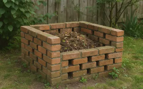 Gotowy kompostownik murowany, wypełniony resztkami organicznymi. Idealny do ogrodu, pokazuje jak zrobić kompostownik murowany.