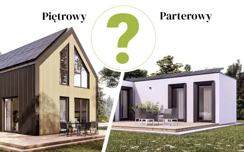 Dwa projekty domów: piętrowy z drewnianą elewacją i parterowy z białymi ścianami. Który projekt domu 4 sypialnie wybierzesz?
