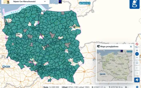 Mapa Polski z zaznaczonymi obszarami w ramach rejestru cen nieruchomości. Widoczna jest mapa przeglądowa.