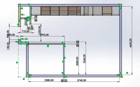 Rysunek techniczny z wymiarami, przedstawiający konstrukcję z elementami meblowymi. Widoczna jest nieprzekraczalna linia zabudowy, określająca granice projektu.
