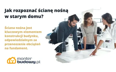 Trzy osoby analizują plany, dyskutując o tym, jak rozpoznać ścianę nośną w starym domu.