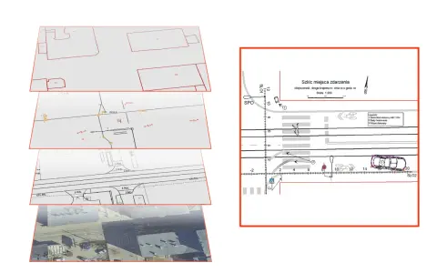 Plan zabudowy i szkic miejsca zdarzenia drogowego z zaznaczonymi śladami hamowania i wózkiem dziecięcym.