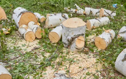 Pocięte pnie brzóz leżą na trawie, otoczone trocinami i liśćmi. Czy można wyciąć brzozę bez zezwolenia?