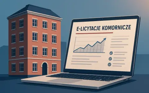 Kamienica obok laptopa z napisem "E-licytacje komornicze" i wykresem wzrostu. Domy wystawione na licytacje przez komornika.