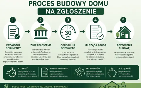 Proces budowy domu na zgłoszenie: przygotuj dokumenty, złóż zgłoszenie, czekaj 30 dni, milcząca zgoda, rozpocznij budowę. Szybko, tanio i bez zbędnej biurokracji.