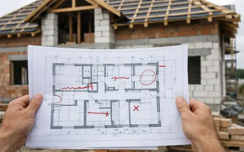 Ręce trzymają projekt domu z zaznaczonymi czerwonymi zmianami w projekcie budowlanym bez zgody projektanta.
