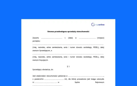 Umowa przedwstępna sprzedaży nieruchomości, zawierająca dane sprzedającego i kupującego, powierzchnię działki oraz numer księgi wieczystej.
