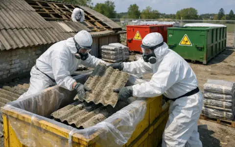 Osoby w kombinezonach ochronnych usuwają eternit, materiał zawierający azbest. Co to jest azbest? To niebezpieczny materiał budowlany.