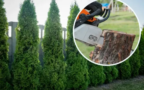 Kara za wycięcie tui bez zezwolenia. Piła łańcuchowa ścina pień drzewa, obok rosną żywopłoty z tui.