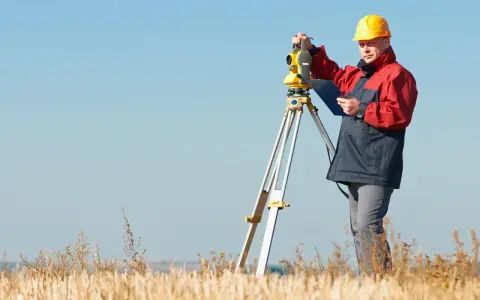Geodeta w żółtym kasku pracuje z tachimetrem w polu. Zastanawiasz się, ile bierze geodeta za wytyczenie działki?