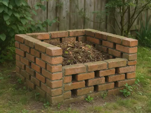 Gotowy kompostownik murowany, wypełniony resztkami organicznymi. Idealny do ogrodu, pokazuje jak zrobić kompostownik murowany.