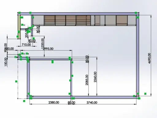 Rysunek techniczny z wymiarami, przedstawiający konstrukcję z elementami meblowymi. Widoczna jest nieprzekraczalna linia zabudowy, określająca granice projektu.