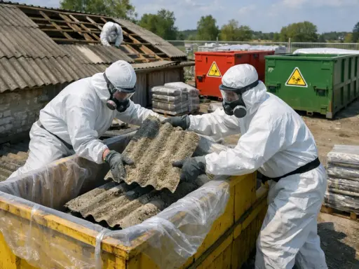 Osoby w kombinezonach ochronnych usuwają eternit, materiał zawierający azbest. Co to jest azbest? To niebezpieczny materiał budowlany.