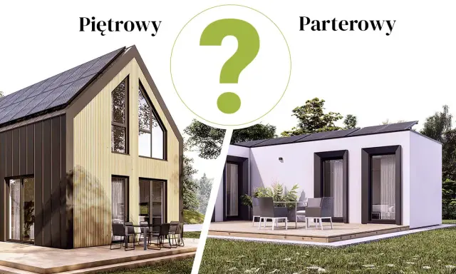 Dwa projekty domów: piętrowy z drewnianą elewacją i parterowy z białymi ścianami. Który projekt domu 4 sypialnie wybierzesz?