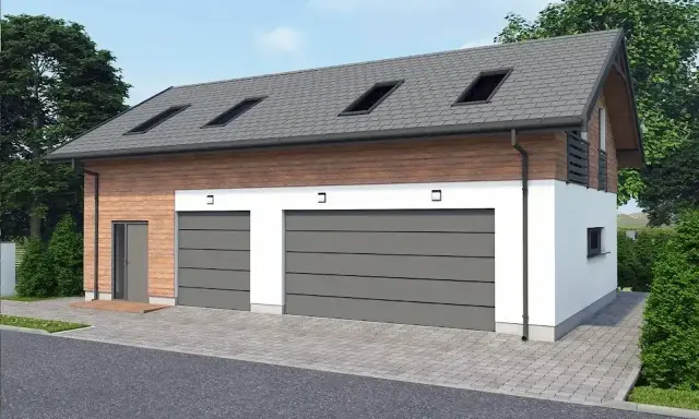Nowoczesne projekty domów z garażem w piwnicy, z dwoma bramami garażowymi i drewnianą elewacją.