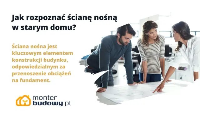 Trzy osoby analizują plany, dyskutując o tym, jak rozpoznać ścianę nośną w starym domu.