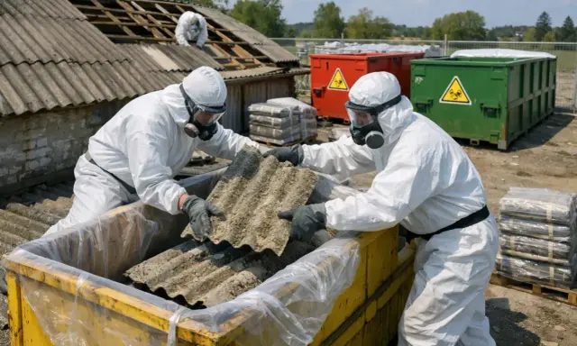 Osoby w kombinezonach ochronnych usuwają eternit, materiał zawierający azbest. Co to jest azbest? To niebezpieczny materiał budowlany.