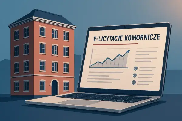 Kamienica obok laptopa z napisem "E-licytacje komornicze" i wykresem wzrostu. Domy wystawione na licytacje przez komornika.