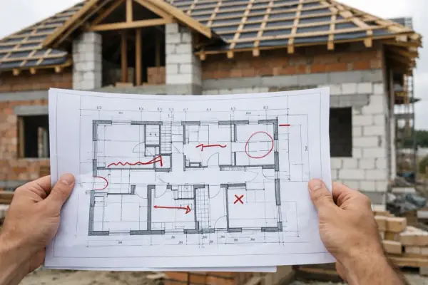 Ręce trzymają projekt domu z zaznaczonymi czerwonymi zmianami w projekcie budowlanym bez zgody projektanta.