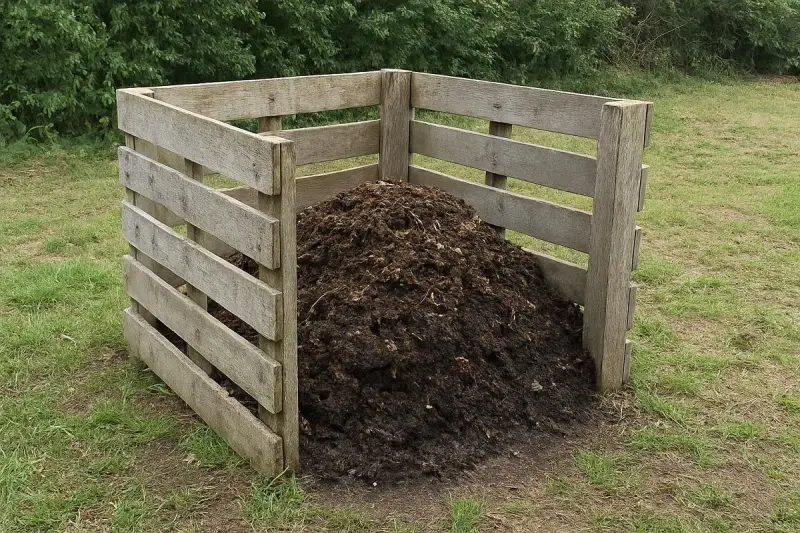Drewniany kompostownik wypełniony ziemią i resztkami organicznymi. Prosty sposób, jak zrobić kompostownik w ziemi.